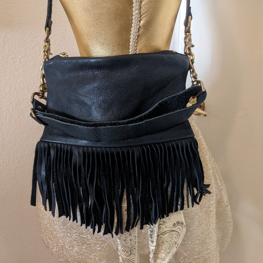 Black genuine leather Fringe crossbody purse